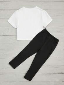 SHEIN Bộ thời trang bé gái xoắn lại Lá thư Loại bướm Giải trí - Đen và trắng - Xem 2