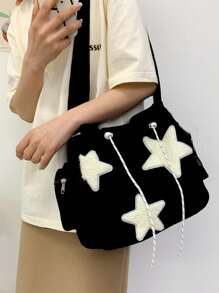 Fashionable Shoulder Bag Star Decor Solid Colour Drawstring Design - Black - View 4