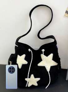 Fashionable Shoulder Bag Star Decor Solid Colour Drawstring Design - Black - View 5