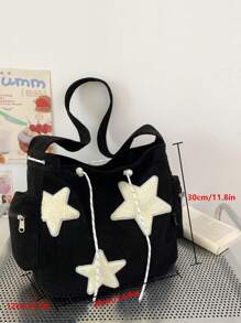 Fashionable Shoulder Bag Star Decor Solid Colour Drawstring Design - Black - View 6