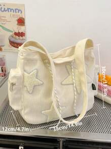 休閒單肩包明星裝飾素色抽繩設計單肩包、斜挎包、斜挎包學院風、經典、動漫、有趣帆布餃子包女式、女士、情人、學校旅行、工作和辦公室、週末和假期、學校、旅行假期必需品 - 白色 - 查看 3