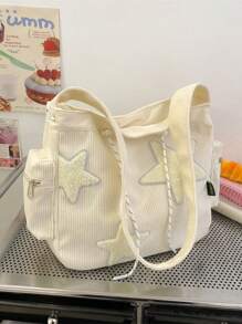 休閒單肩包明星裝飾素色抽繩設計單肩包、斜挎包、斜挎包學院風、經典、動漫、有趣帆布餃子包女式、女士、情人、學校旅行、工作和辦公室、週末和假期、學校、旅行假期必需品 - 白色 - 查看 4