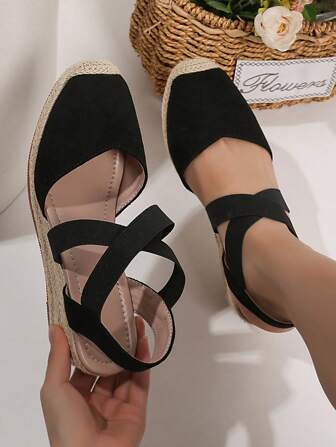 度假踝帶淺口坡跟鞋仿麂皮編織坡跟鞋