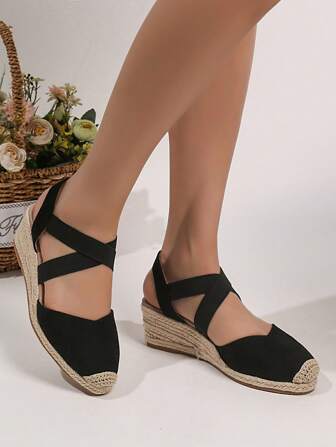 Vacation Ankel Strap Court Wedges For Women, Faux Mocka Espadrille Wedge Shoes