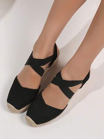 度假踝帶淺口坡跟鞋仿麂皮編織坡跟鞋