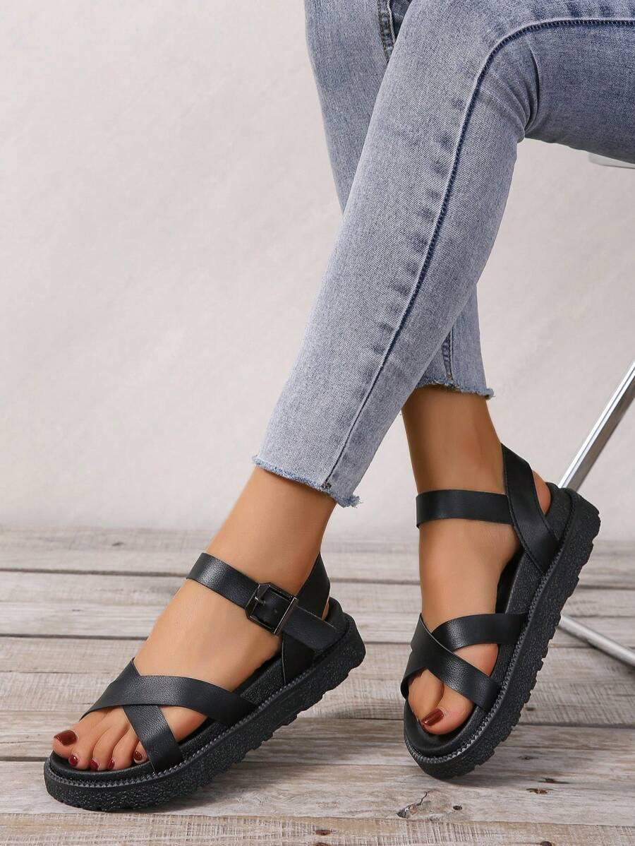 優雅踝帶坡跟涼鞋適用於女士交叉帶厚底涼鞋 - 黑色 - 查看 1