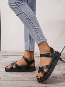 優雅踝帶坡跟涼鞋適用於女士交叉帶厚底涼鞋 - 黑色 - 查看 2