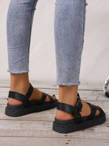 優雅踝帶坡跟涼鞋適用於女士交叉帶厚底涼鞋 - 黑色 - 查看 3