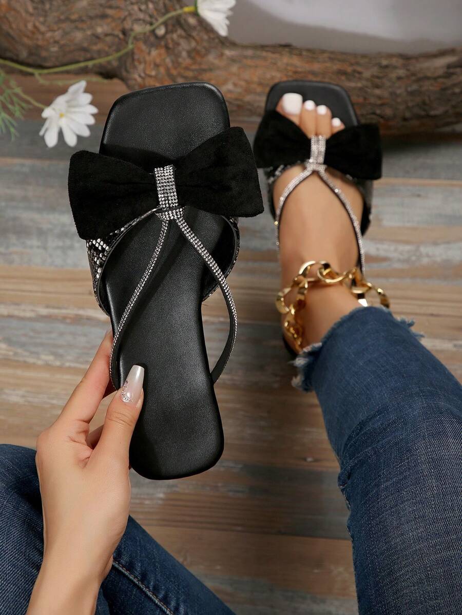 Women Rhinestone & Bow Decor Slide Sandals, Fashion Summer Flat Sandals - Multicolor - View 1