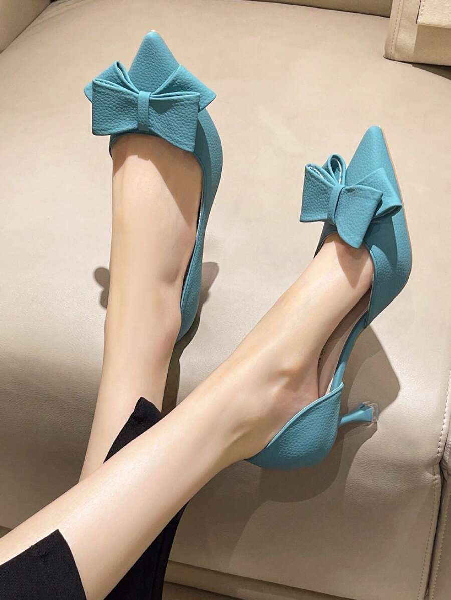 女士蝴蝶結裝飾尖頭高跟宮廷時尚戶外高跟鞋 - 藍色 - 查看 1