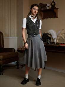 ROMWE Academia 高腰帶扣細節不對稱下擺半身裙 - 深灰色 - 查看 3