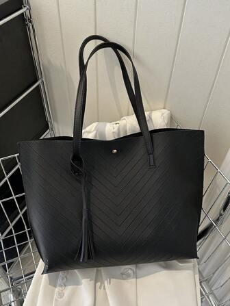 Bolso tote de gran capacidad doble asa de cheurón con diseño de puntada con diseño de fleco