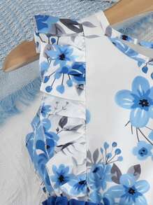 女孩印花荷葉邊背心上衣和紙袋腰附腰帶短褲 - 藍白色 - 查看 4