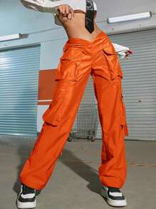 Y2K Street High V Waist Flap Pocket Tape Decor Straight Leg Comfort Cargo Parachute Pants - Red Orange - View 1