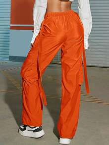Y2K Street High V Waist Flap Pocket Tape Decor Straight Leg Comfort Cargo Parachute Pants - Red Orange - View 2