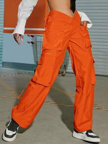 Y2K Street High V Waist Flap Pocket Tape Decor Straight Leg Comfort Cargo Parachute Pants - Red Orange - View 4