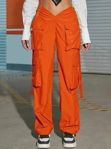 Y2K Street High V Waist Flap Pocket Tape Decor Straight Leg Comfort Cargo Parachute Pants - Red Orange - View 5