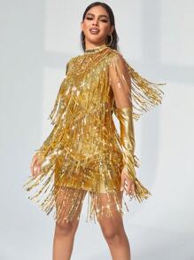 3 chiếc đầm bodycon viền kim loại đính sequin có tay & cổ áo tinh ranh - Vàng - Xem 1