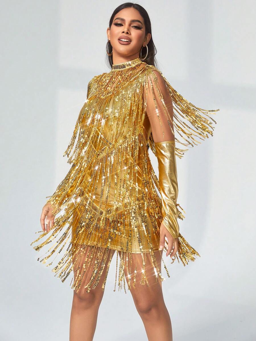 3 chiếc đầm bodycon viền kim loại đính sequin có tay & cổ áo tinh ranh - Vàng - Xem 1