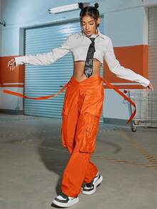 Y2K Street High V Waist Flap Pocket Tape Decor Straight Leg Comfort Cargo Parachute Pants - Red Orange - View 6