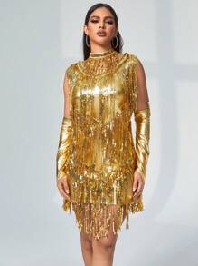 3 chiếc đầm bodycon viền kim loại đính sequin có tay & cổ áo tinh ranh - Vàng - Xem 3