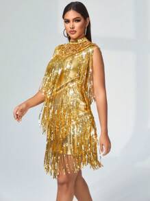 3 chiếc đầm bodycon viền kim loại đính sequin có tay & cổ áo tinh ranh - Vàng - Xem 4