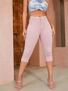 Apperloth A High Stretch Solid Slant Pocket Classic Capris Skinny Trousers - Baby Pink - View 5