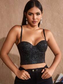 Solid Bustier Crop Cami Corset Top - Black - View 1