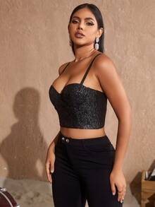 Solid Bustier Crop Cami Corset Top - Black - View 3