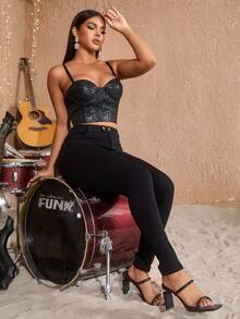Solid Bustier Crop Cami Corset Top - Black - View 6