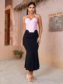 Ruched Bustier Bandana Hem Backless Halter Neck Corset Top - Pink - View 6