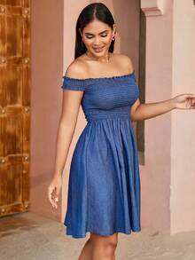 一字肩喇叭下擺抽褶細節牛仔裙 - 中等水洗藍 - 查看 4