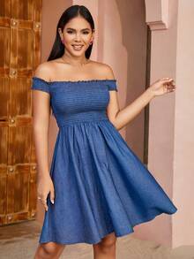 一字肩喇叭下擺抽褶細節牛仔裙 - 中等水洗藍 - 查看 5