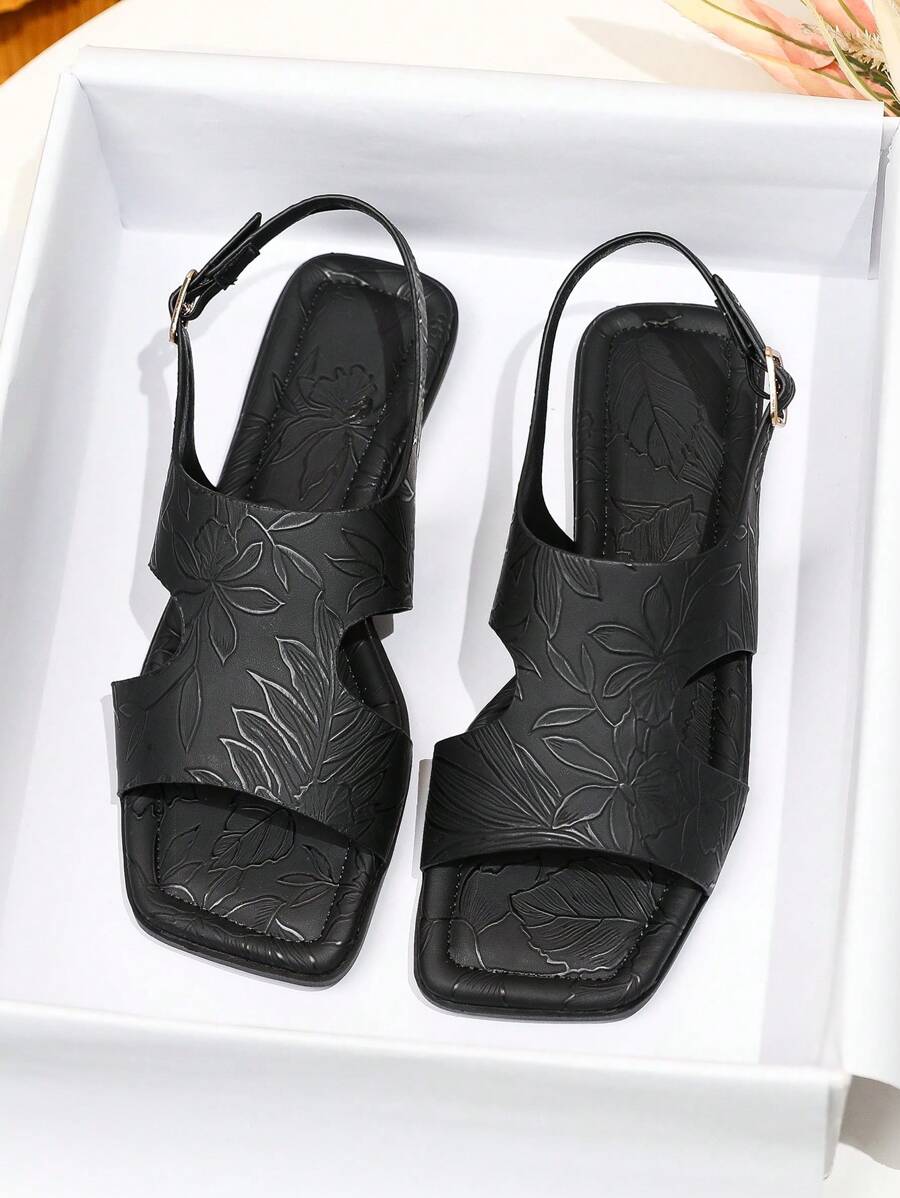Giày Sandal Nữ Họa Tiết Hoa Cut Out, Giày Xăng Đan Đế Bằng Thời Trang Mùa Hè - màu đen - Xem 1