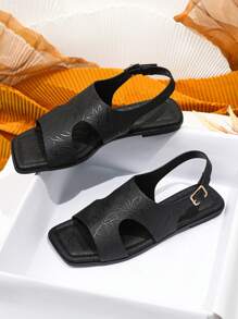 Giày Sandal Nữ Họa Tiết Hoa Cut Out, Giày Xăng Đan Đế Bằng Thời Trang Mùa Hè - màu đen - Xem 2