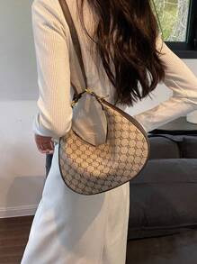 SHIMEINI 1pc 2025 New Vintage Pattern Half Moon Shape Shoulder Handbag For Women, Daily Use, Holiday & Party Gifts