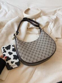 SHIMEINI 1pc 2025 New Vintage Pattern Half Moon Shape Shoulder Handbag For Women, Daily Use, Holiday & Party Gifts