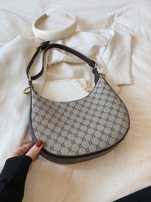 SHIMEINI 1pc 2025 New Vintage Pattern Half Moon Shape Shoulder Handbag For Women, Daily Use, Holiday & Party Gifts