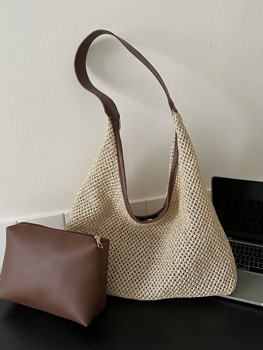 Urlaubs-Strohtasche mit Innentasche, Kontrastbesatz, Druckknopf, Strandbeutel, perfekt für Sommer, Urlaub und Alltagsgebrauch