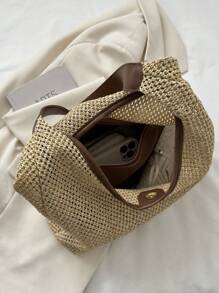 Urlaubs-Strohtasche mit Innentasche, Kontrastbesatz, Druckknopf, Strandbeutel, perfekt für Sommer, Urlaub und Alltagsgebrauch