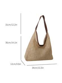 Urlaubs-Strohtasche mit Innentasche, Kontrastbesatz, Druckknopf, Strandbeutel, perfekt für Sommer, Urlaub und Alltagsgebrauch