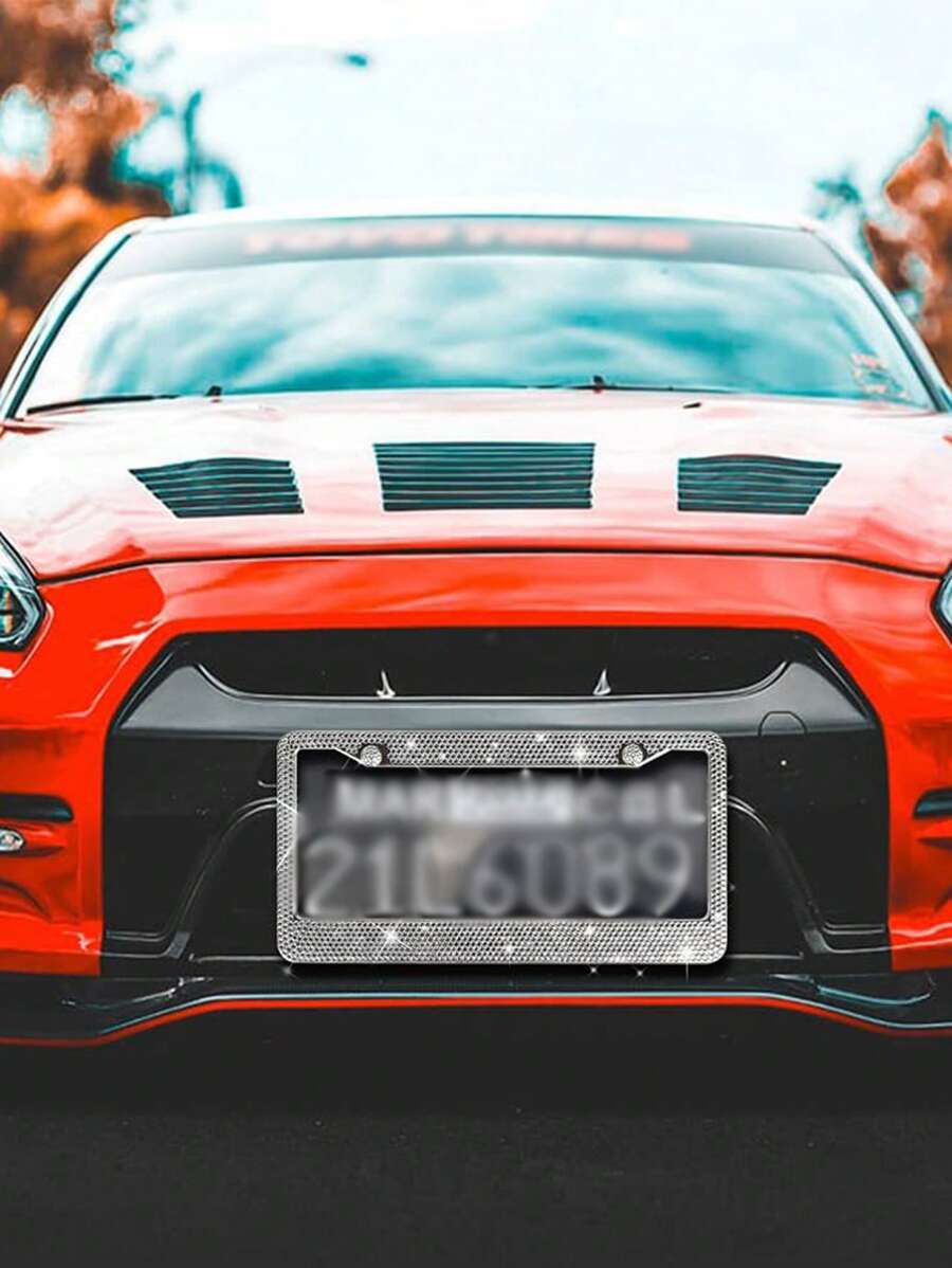 1入組水鑽裝飾不銹鋼汽車牌照架 - 白色 - 查看 1