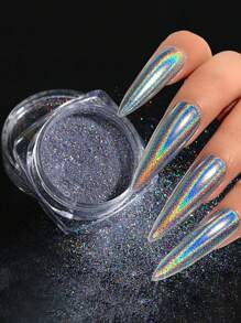 镀铬指甲粉，1 盒 Y2K 美学激光金属指甲闪光全息粉，用于指甲镜面效果抛光颜料闪光浸粉 DIY 指甲饰品指甲宝石指甲用品 - 銀色 - 查看 2
