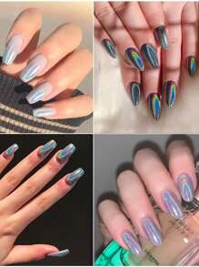 镀铬指甲粉，1 盒 Y2K 美学激光金属指甲闪光全息粉，用于指甲镜面效果抛光颜料闪光浸粉 DIY 指甲饰品指甲宝石指甲用品 - 銀色 - 查看 3