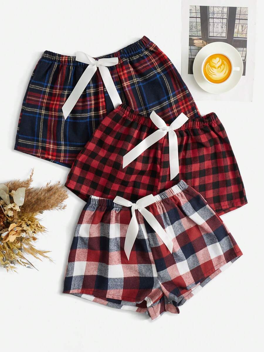 3pcs Plaid & Gingham Print Bow Front Pajama Sleep Shorts - Multicolor - View 1