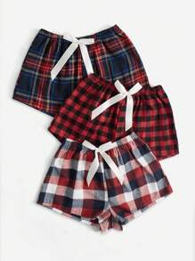 3pcs Plaid & Gingham Print Bow Front Pajama Sleep Shorts - Multicolor - View 5