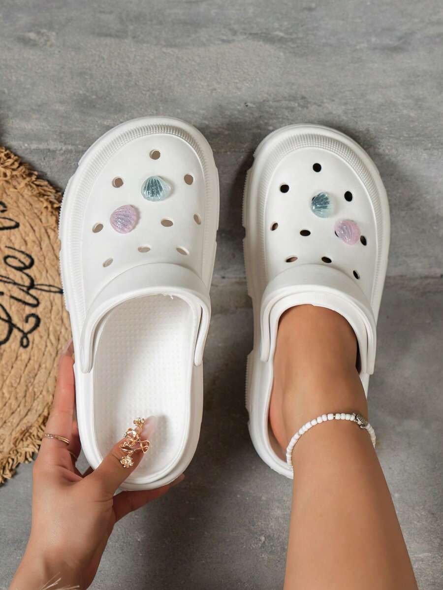 女士貝殼裝飾鏤空通風時尚戶外洞洞鞋 - 白色 - 查看 1