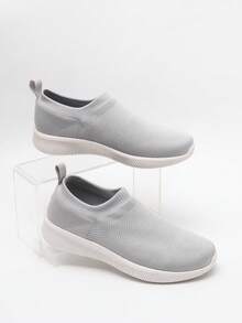 Women Slip On Grey Running Shoes, Sporty Outdoor Fabric Sneakers - Light Grey - View 1