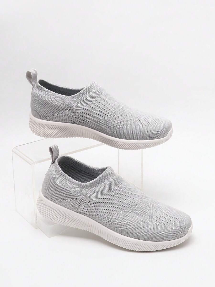 Women Slip On Grey Running Shoes, Sporty Outdoor Fabric Sneakers - Light Grey - View 1