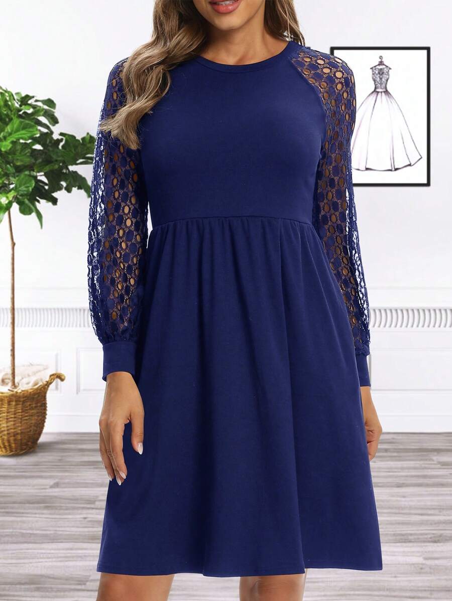 Vestido línea A con encaje en contraste de manga raglán - Azul Marino - Ver 1